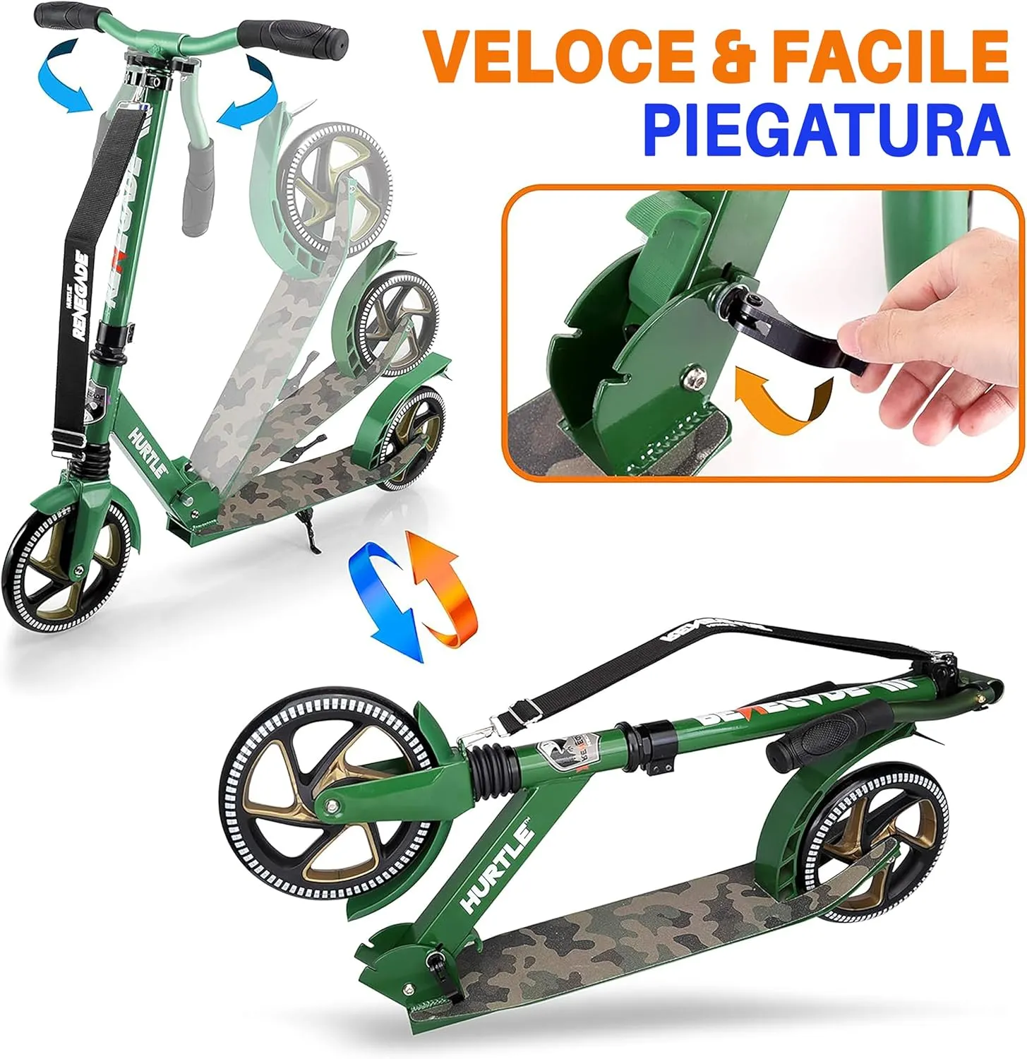 Hurtle Teenager Kick Scooter - 2 Wheel With Adjustable T-Bar Handlebar - Folding Adult With Alloy Anti-Slip Deck - 8" Smooth Gliding Wheels