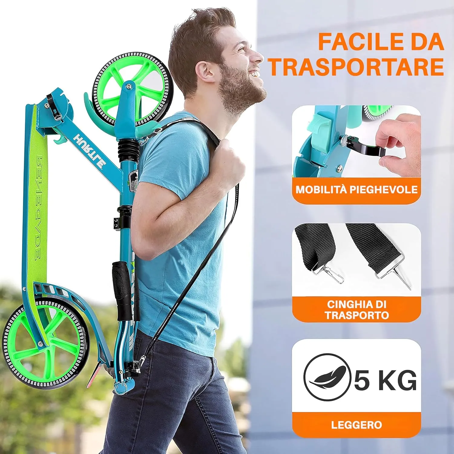 Hurtle Teenager Kick Scooter - 2 Wheel With Adjustable T-Bar Handlebar - Folding Adult With Alloy Anti-Slip Deck - 8" Smooth Gliding Wheels