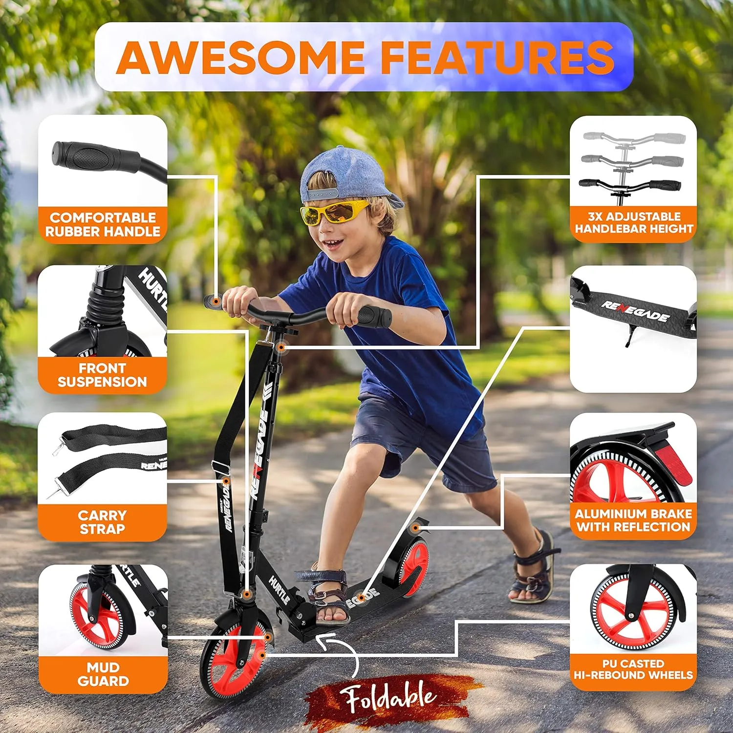Hurtle Teenager Kick Scooter - 2 Wheel With Adjustable T-Bar Handlebar - Folding Adult With Alloy Anti-Slip Deck - 8" Smooth Gliding Wheels