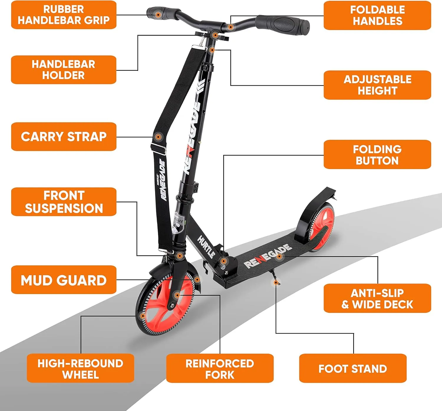 Hurtle Teenager Kick Scooter - 2 Wheel With Adjustable T-Bar Handlebar - Folding Adult With Alloy Anti-Slip Deck - 8" Smooth Gliding Wheels