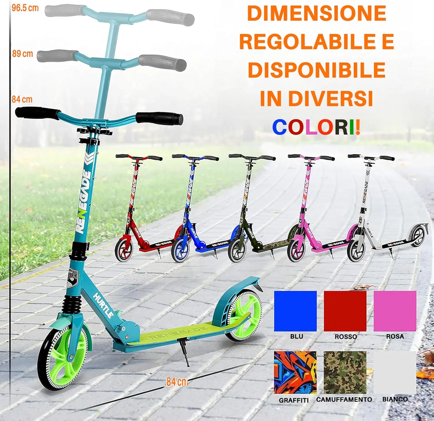 Hurtle Teenager Kick Scooter - 2 Wheel With Adjustable T-Bar Handlebar - Folding Adult With Alloy Anti-Slip Deck - 8" Smooth Gliding Wheels