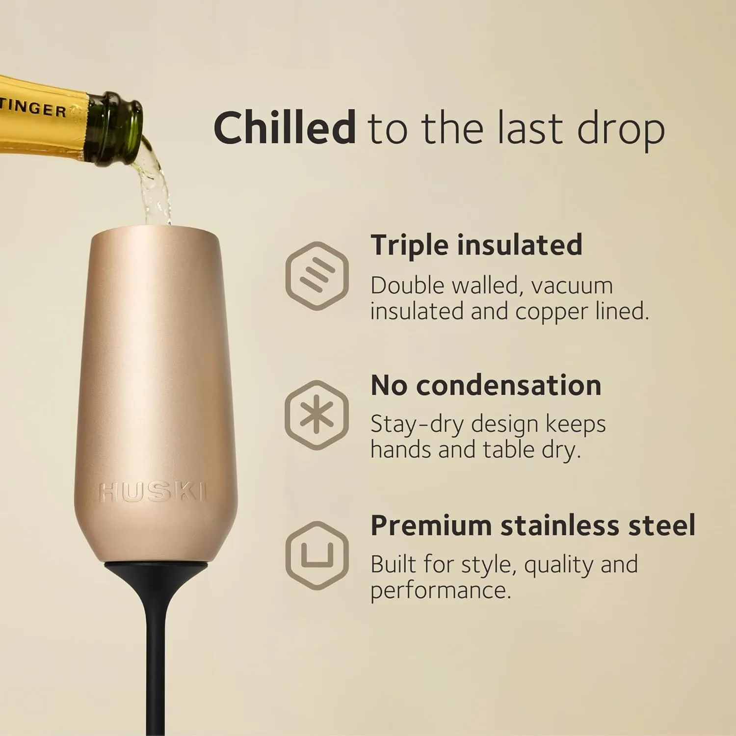 Huski Champagne Flute | NEW | Award-winning Design with Detachable Stem | Premium Stainless Steel Champagne Glass with Lid | Triple Insulated Tumbler | 8oz Capacity | Great Gift (White)