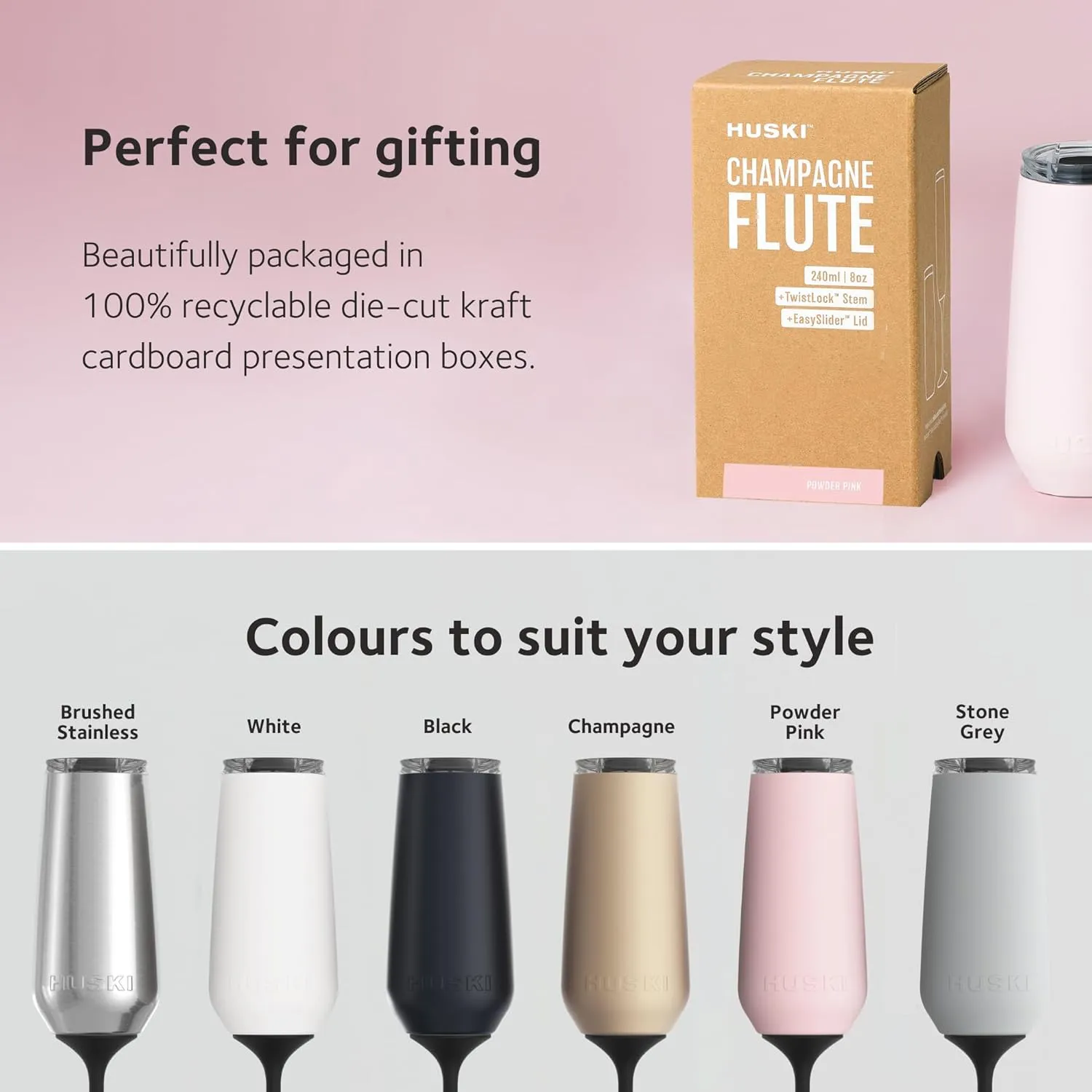 Huski Champagne Flute | NEW | Award-winning Design with Detachable Stem | Premium Stainless Steel Champagne Glass with Lid | Triple Insulated Tumbler | 8oz Capacity | Great Gift (White)