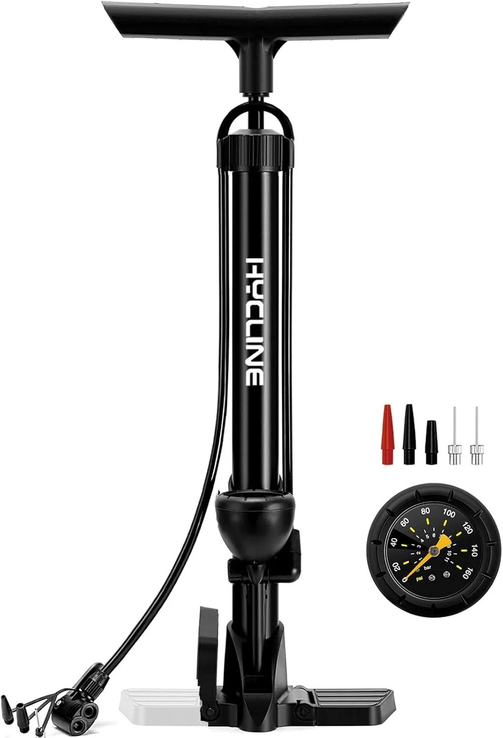 Hycline Bike Floor Pump with Gauge: 160 PSI High Pressure Bicycle Pumps - Durable Air Pump Fits Presta & Schrader Valve - Inflator for Road MTB Tire, Ball, Balloon, Inflatables