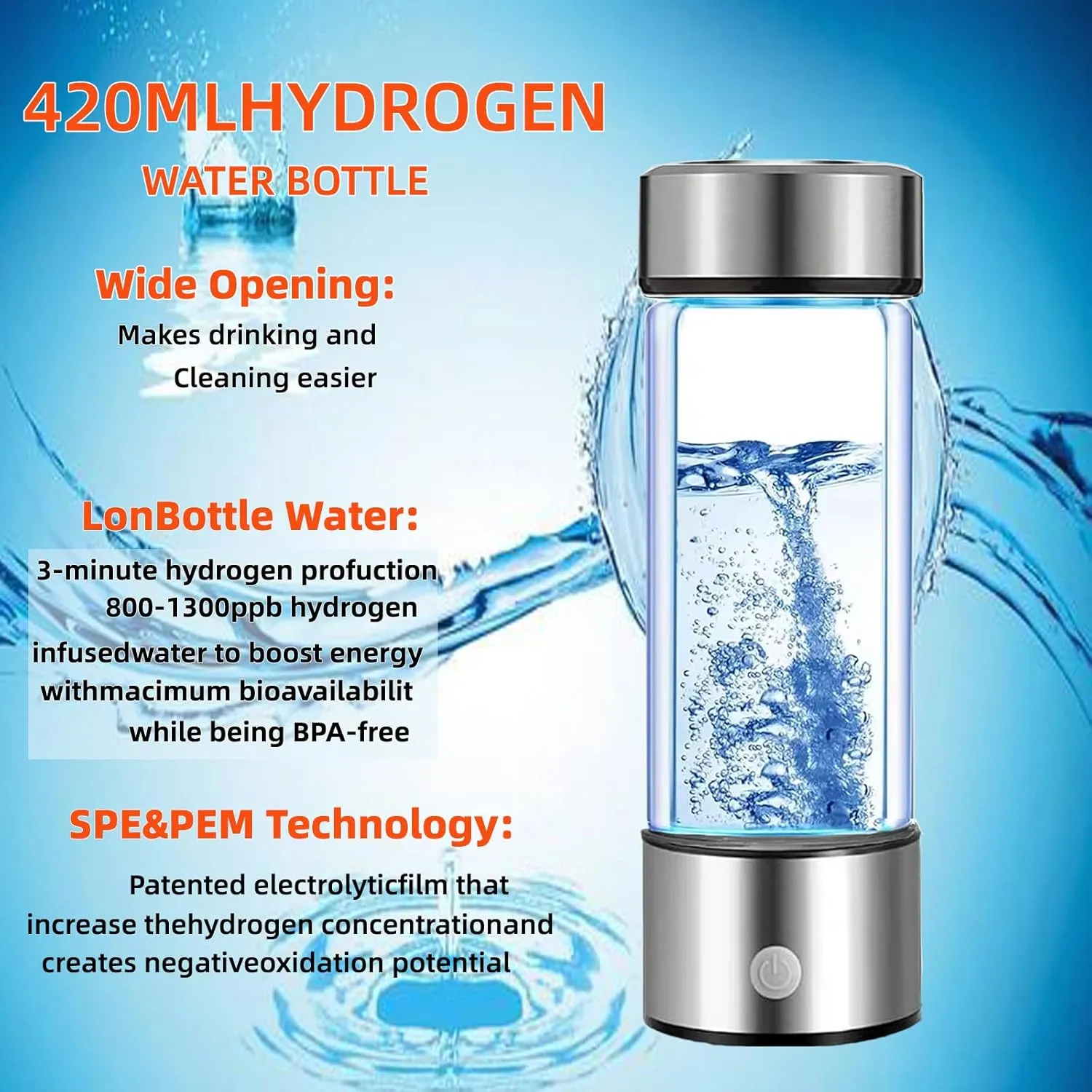 Hydrogen Water Bottle Generator 2 Pack 2025 w SPE/PEM Tech Water Ionizer, Portable Hydrogenated Water Machine Improve Water in 3 Minutes Hydrogen Rich