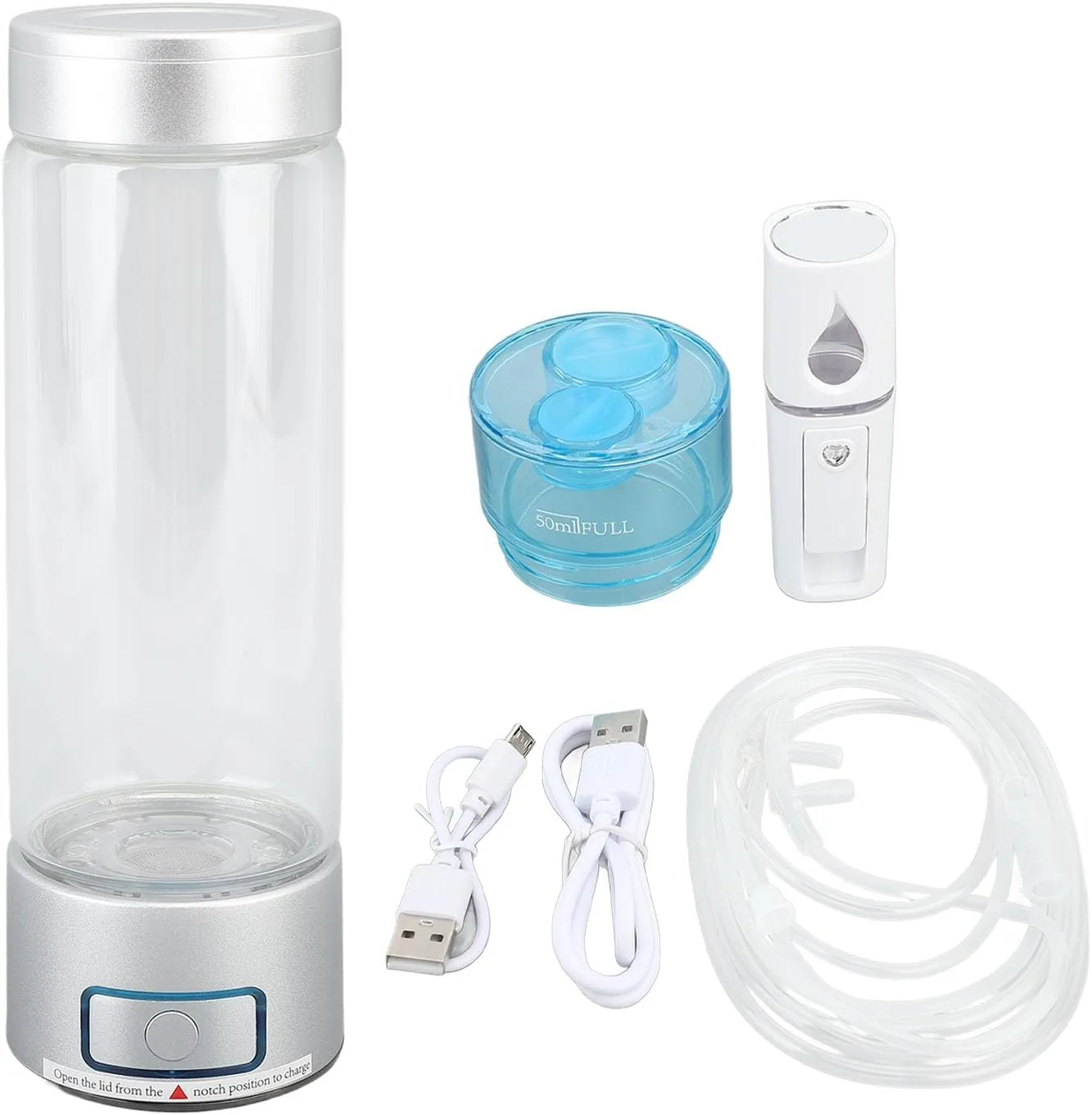 Hydrogen Water Bottle Generator Portable Hydrogen Cup for Home Office Travel Exercise Quick Electrolysis High Borosilicate Glass Aluminum Alloy and ABS Material