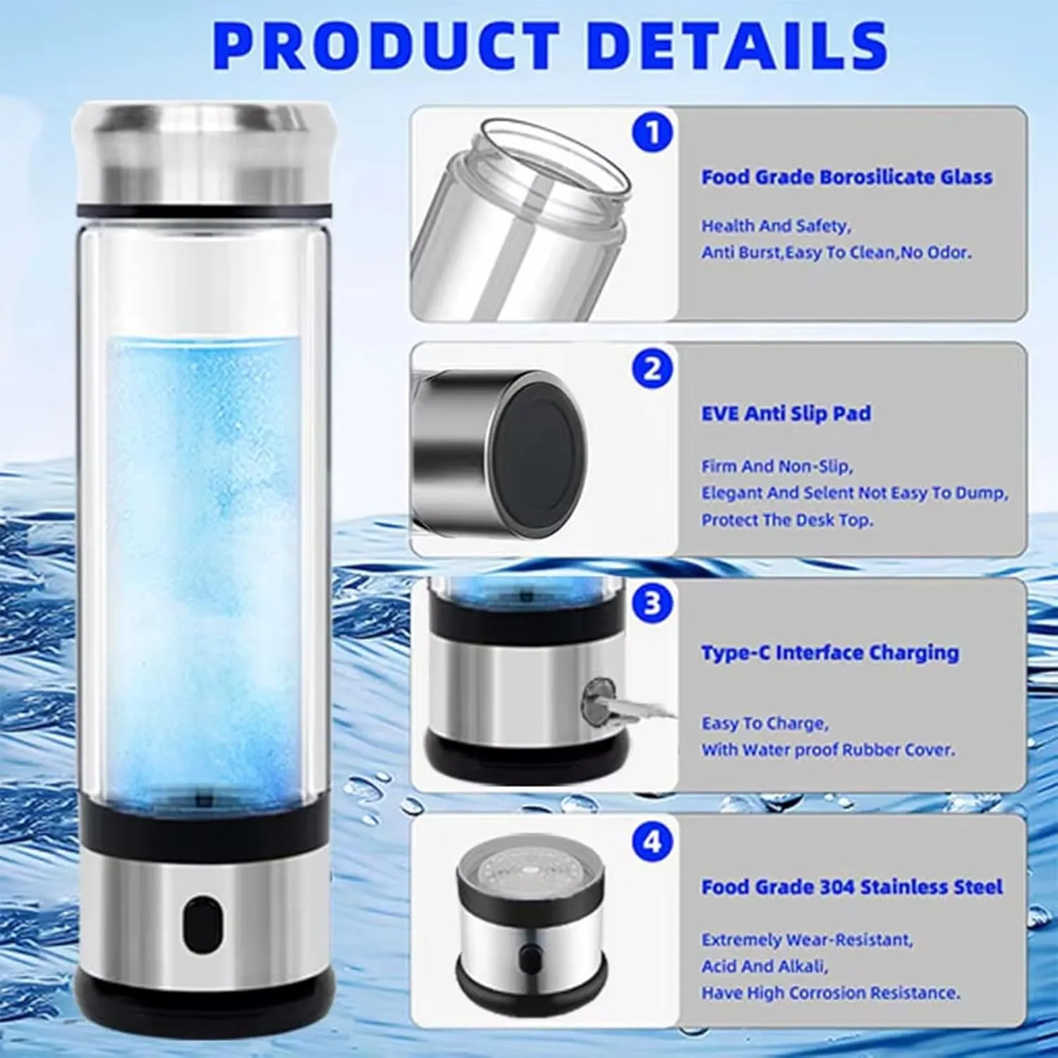 Hydrogen Water Bottle, Hydrogen Water Generator, Portable Hydrogen Water Bottle Machine, Travel, Fitness & Everyday Hydration(1000PB)