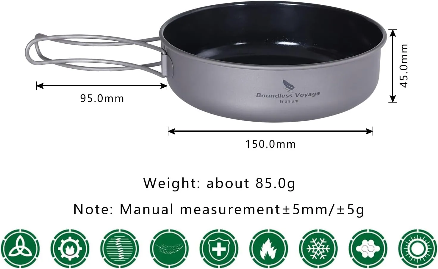 iBasingo 15cm Titanium Non-stick Frying Pan 700ml Lightweight Skillet Griddle Hiking Camping Small Plate Dish Bowl Outdoor Cookware with Folding Handle for Fried Egg Steak Ti2062C
