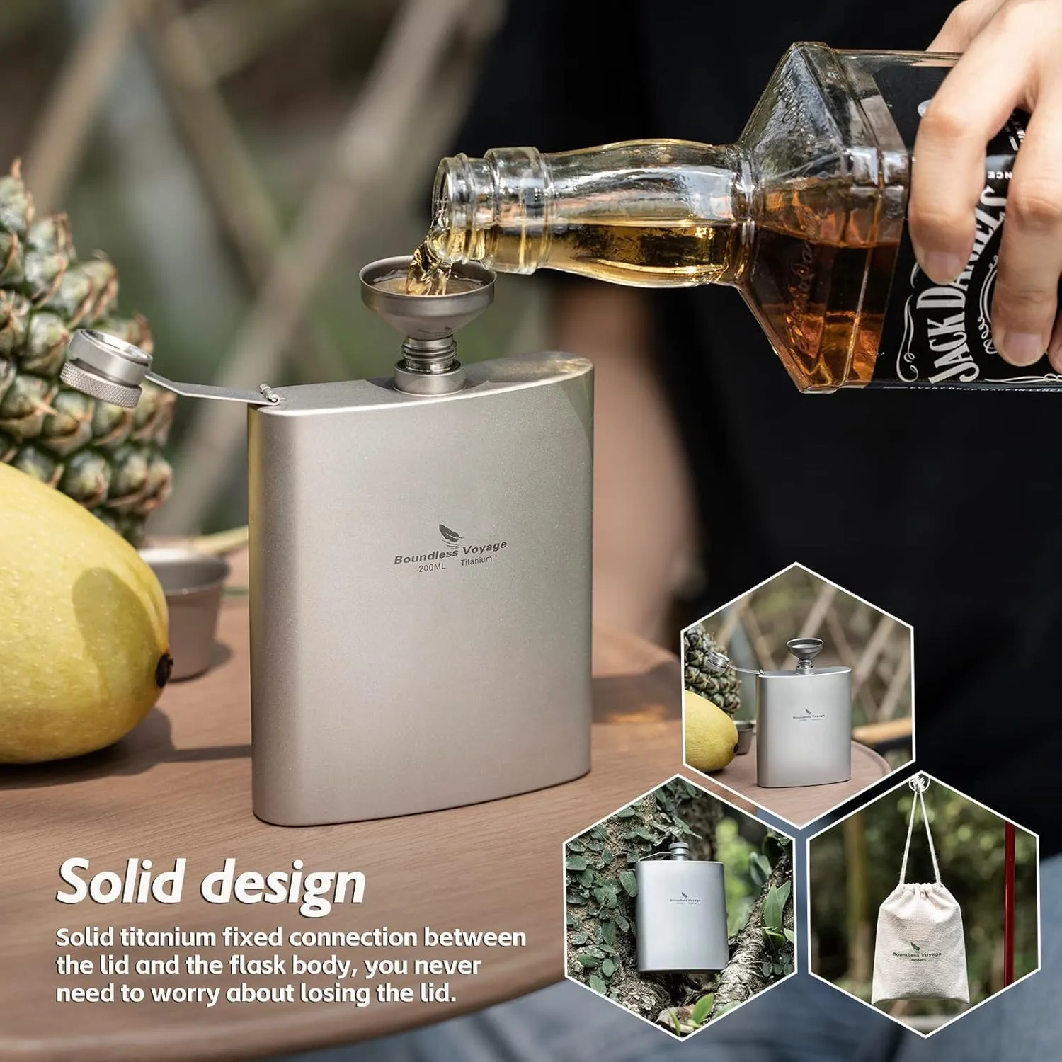 iBasingo 200ml Titanium Pocket Flagon Outdoor Sports Flat Liquor Flask Camping Ultralight Portable Wearproof Wine Pot Hip Flask for Backpacking Hiking A-Ti3061D