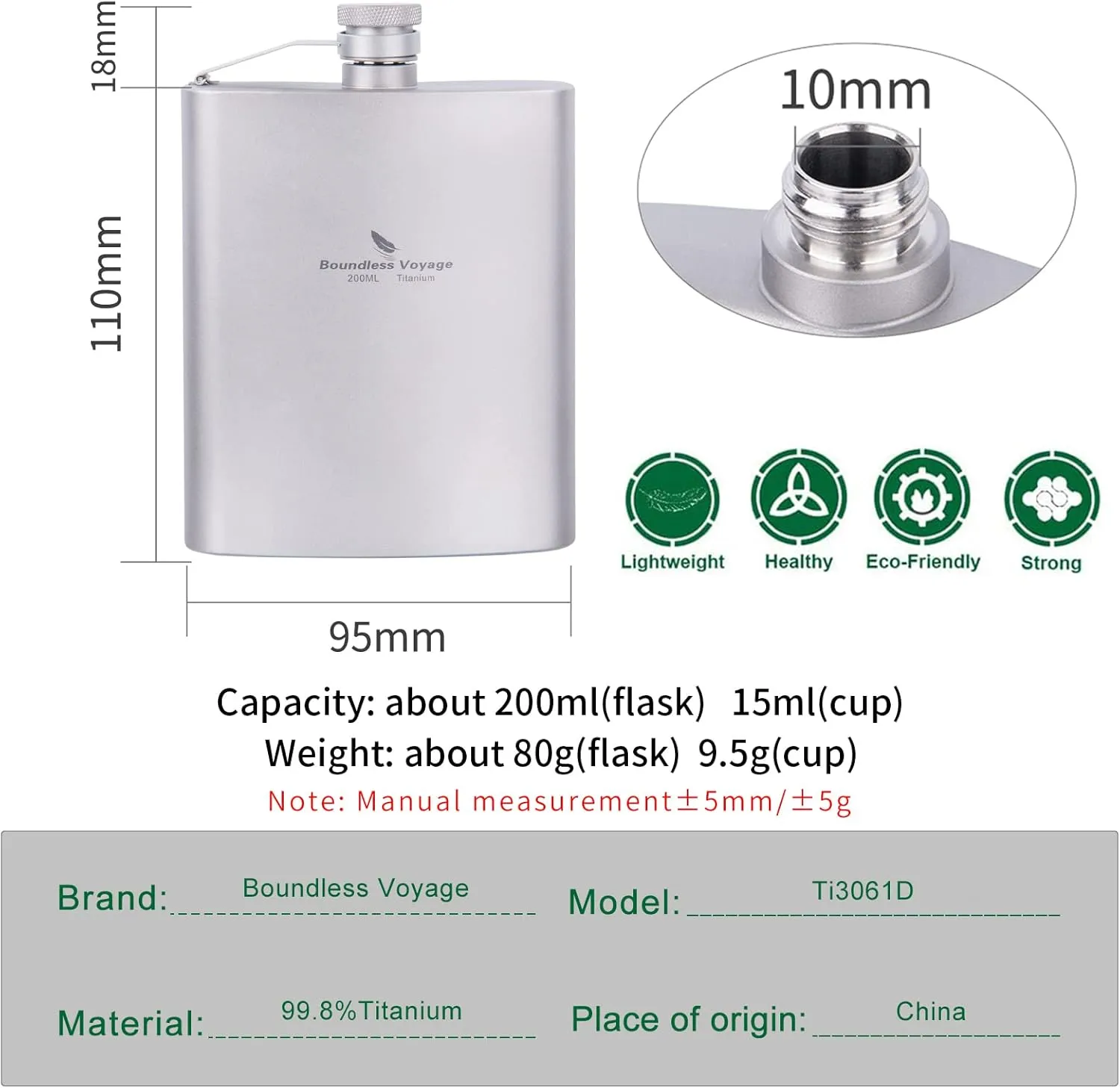 iBasingo 200ml Titanium Pocket Flagon Outdoor Sports Flat Liquor Flask Camping Ultralight Portable Wearproof Wine Pot Hip Flask for Backpacking Hiking A-Ti3061D