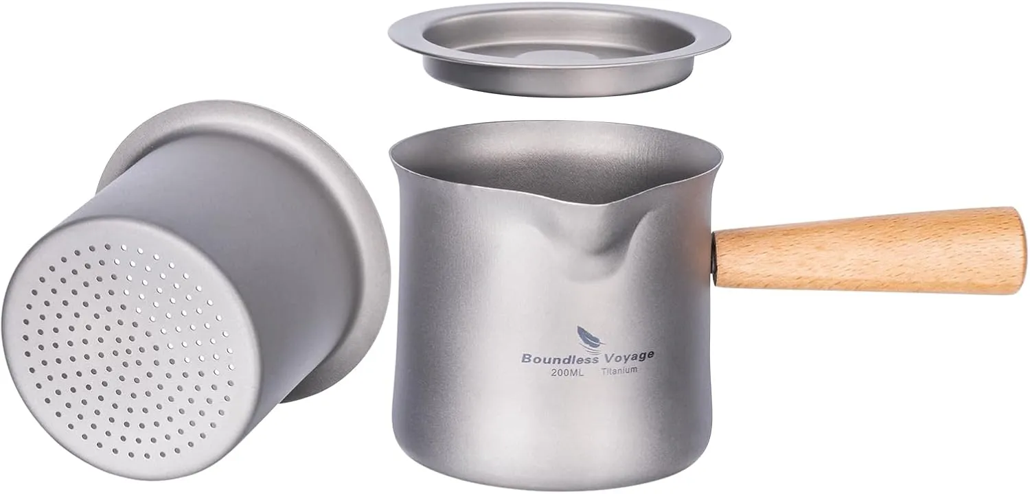 iBasingo 200ML Titanium Tea Maker with Strainer Tea Set Single Layer with Wooden Handle Outdoors Portable Lightweight for Camping Hiking Coffee US-Ti3139D