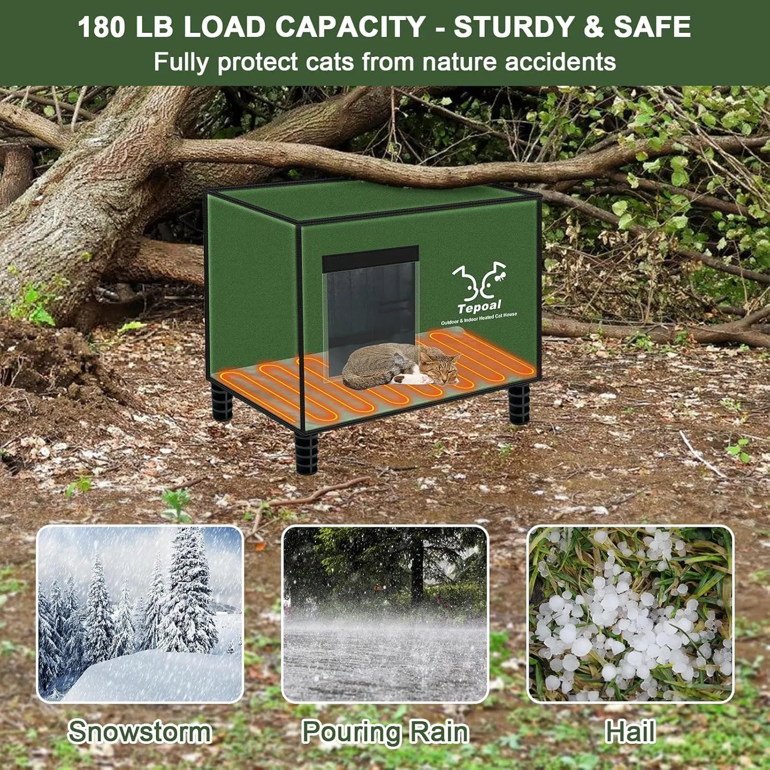 Indestructible Heated Cat House for Outdoor Cats in Winter, 100% Waterproof & Weatherproof Heated Cat House for Outside, Fully Insulated Feral Cat Shelter for Outdoor Barn Strays, 16 x 12 x 13 in