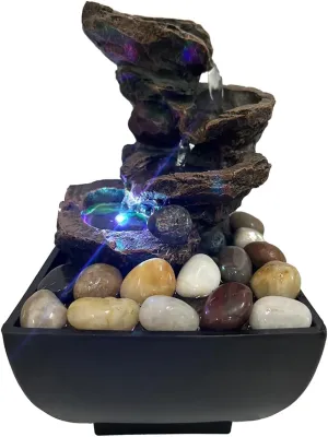 Indoor Tabletop Water Fountain, Resin Meditation Fountain with Color LED Light, Indoor Waterfall Feature for Home Office Decor (D)