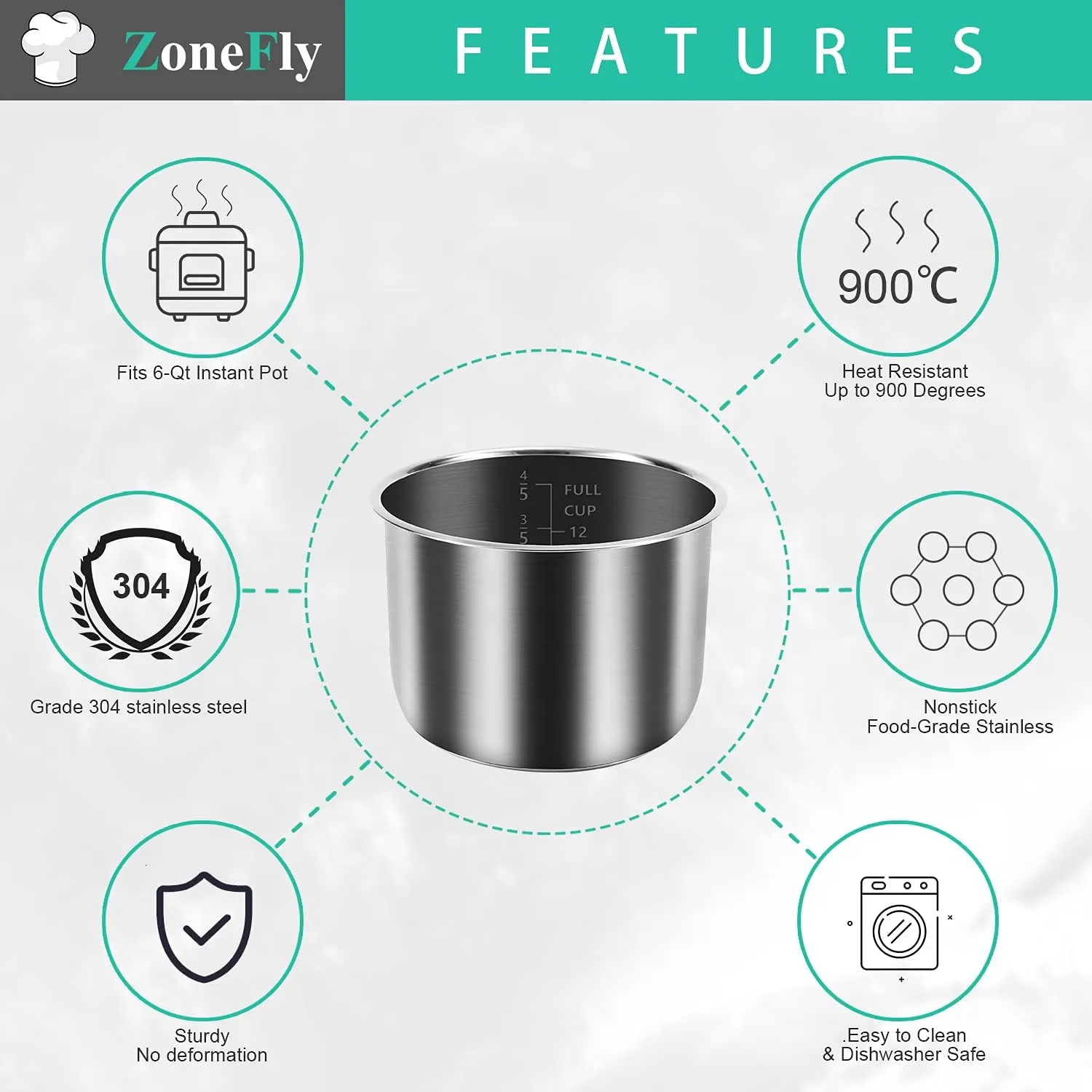 Inner Pot for Instant Pot 6 Qt, with 2-Pack 100% Silicone Sealing Ring Replacement Pot for InstaPot Cooking Pot Stainless Steel (Equivalent to IP-POT-SS304-60) Nonstick Pot 6Qt Liner