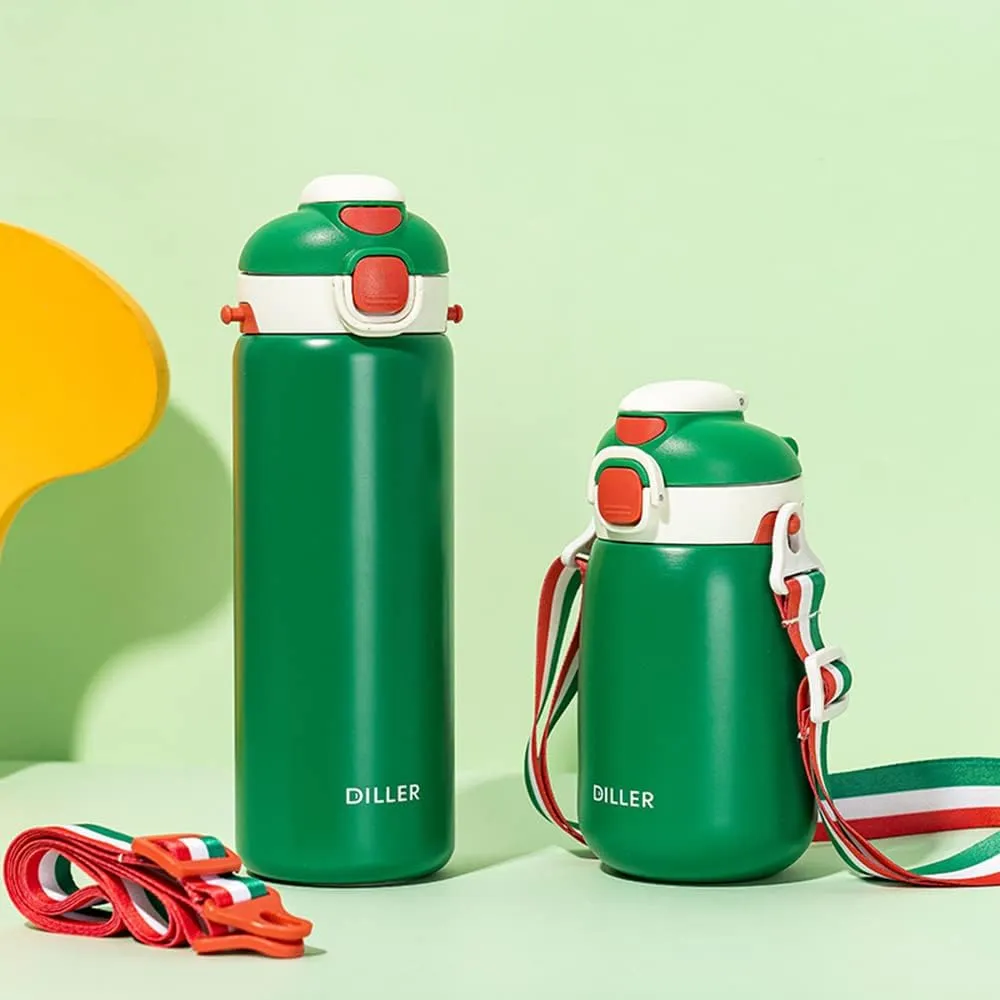 Insulated Water Bottles Stainless Steel Metal Kids Thermos Water Bottle with Straw and Strap for Girls Boys for School Gifts,14ounce,green