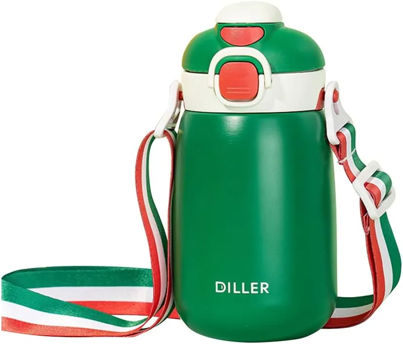 Insulated Water Bottles Stainless Steel Metal Kids Thermos Water Bottle with Straw and Strap for Girls Boys for School Gifts,14ounce,green
