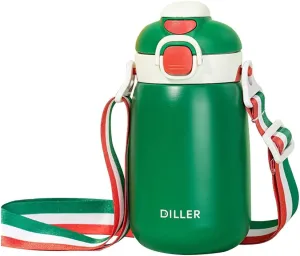 Insulated Water Bottles Stainless Steel Metal Kids Thermos Water Bottle with Straw and Strap for Girls Boys for School Gifts,14ounce,green