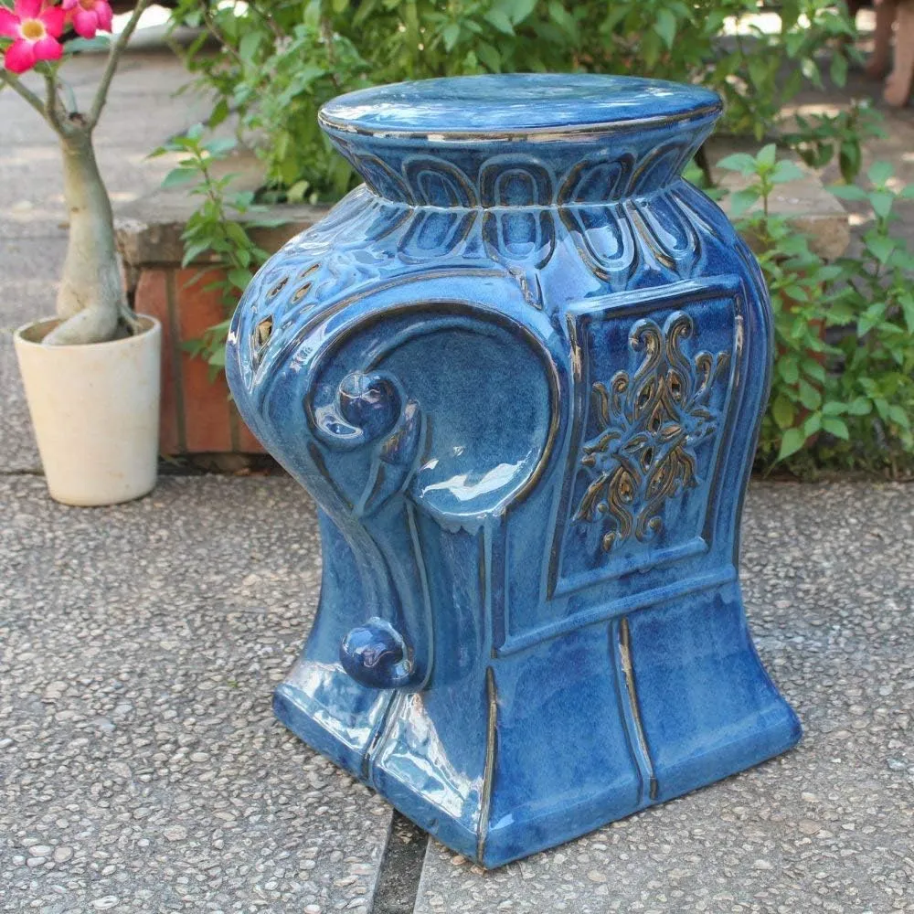 International Caravan Furniture Piece Contemporary Elephant Ceramic Garden Stool, Navy Blue