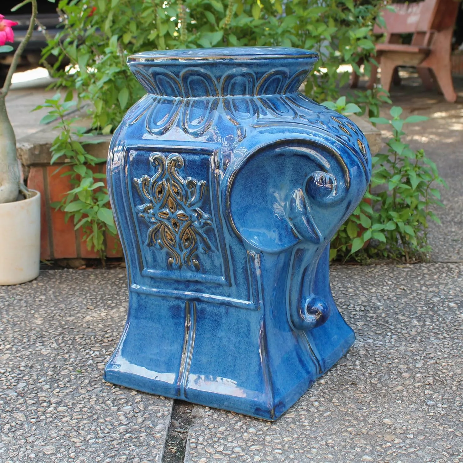 International Caravan Furniture Piece Contemporary Elephant Ceramic Garden Stool, Navy Blue