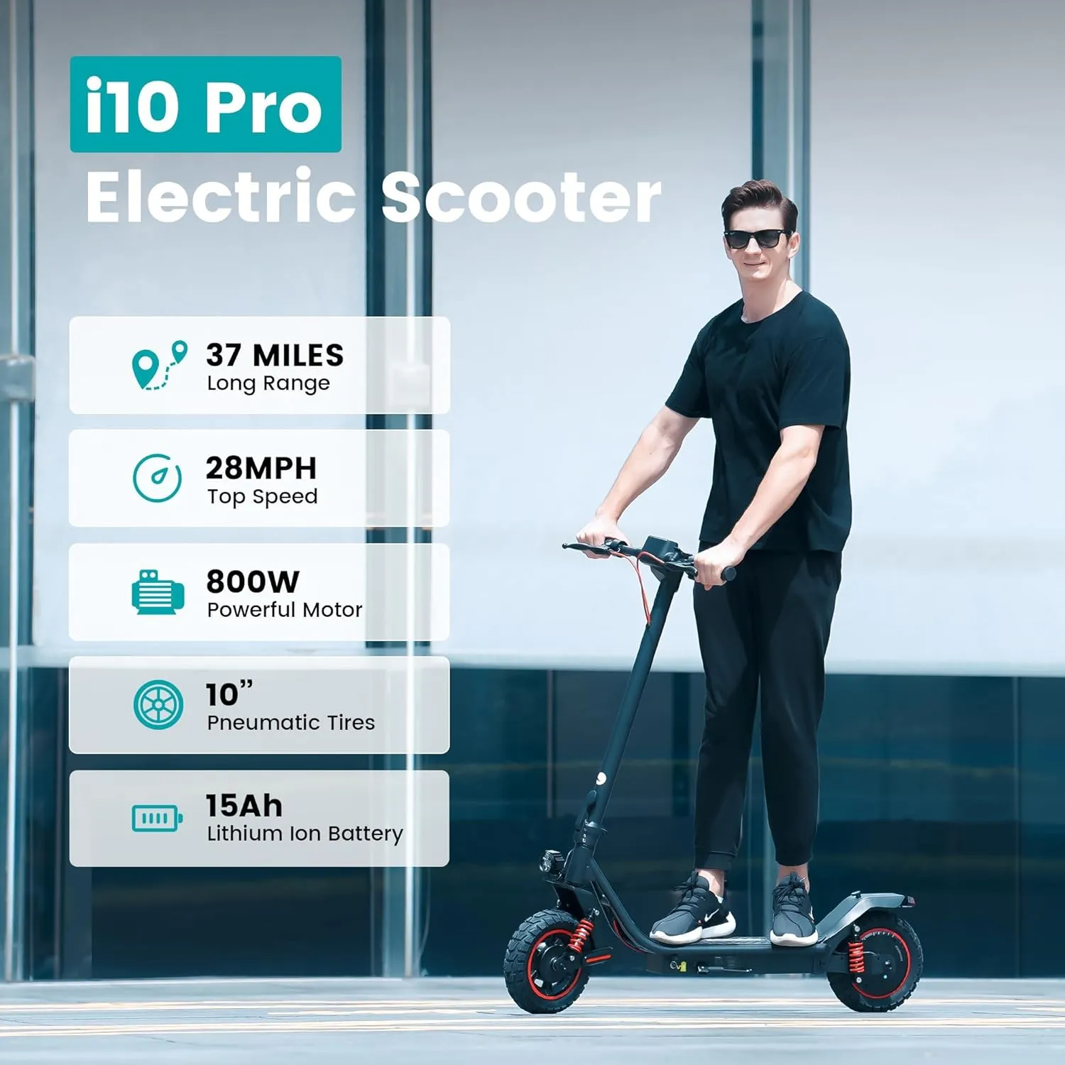 iScooter Electric Scooter Adults, 50/37 Miles Long Range,28 MPH Max Speed, 800W Motor E Scooter Foldable with 10" Pneumatic Tires, Turn Signals, Dual Suspension & Double Brakes, Smart App