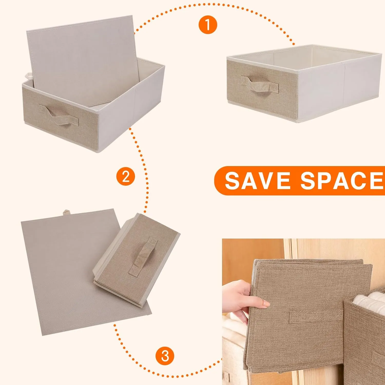 JAKAGO Fabric Storage Bins set of 4 Rectangle Storage Baskets with Handle Foldable Closet Organizer for Clothes Towel Toys Books Collapsible Clothing Container for Shelves Bedroom Playroom (Low-Beige)