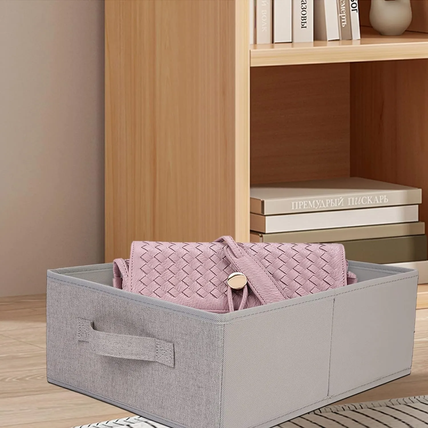 JAKAGO Fabric Storage Bins set of 4 Rectangle Storage Baskets with Handle Foldable Closet Organizer for Clothes Towel Toys Books Collapsible Clothing Container for Shelves Bedroom Playroom (Low-Gray)