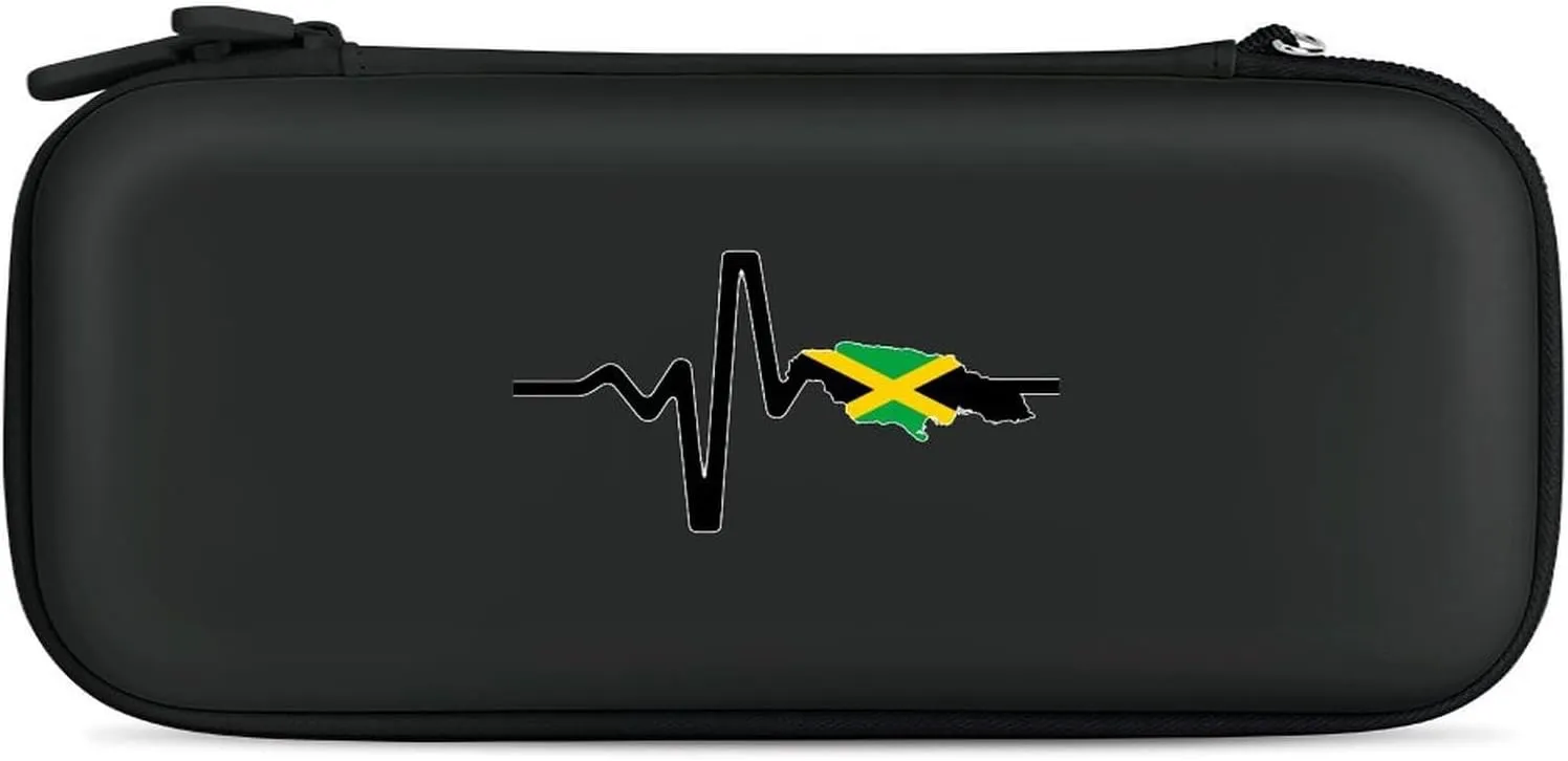 Jamaica Map Flag Heartbeat Hard Shell Travel Case with Rope 15 Game Card Pockets Compatible with Switch Protective