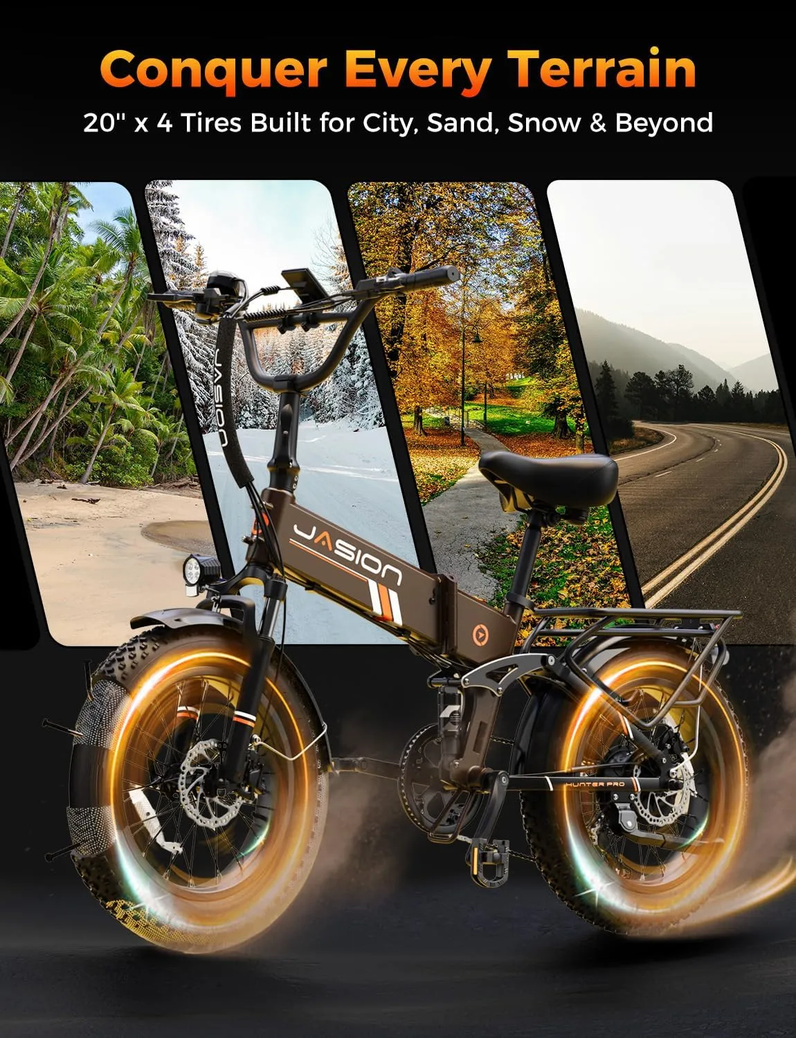 Jasion Hunter Pro Electric Bike for Adults,1800W Peak Motor 80 Miles,up to 28MPH,720WH Removable Battery Foldable Ebike,App Control & Full Suspension,20''*4.0 Fat Tire,Dual Hydraulic Brakes Bicycle