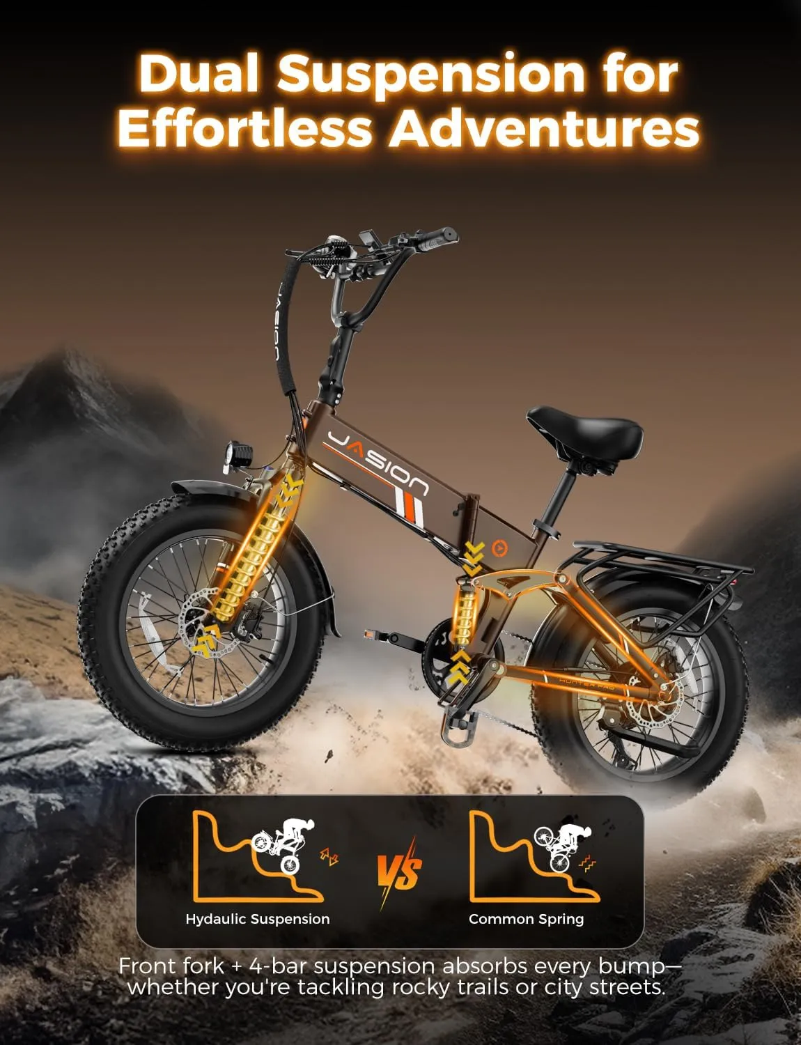 Jasion Hunter Pro Electric Bike for Adults,1800W Peak Motor 80 Miles,up to 28MPH,720WH Removable Battery Foldable Ebike,App Control & Full Suspension,20''*4.0 Fat Tire,Dual Hydraulic Brakes Bicycle