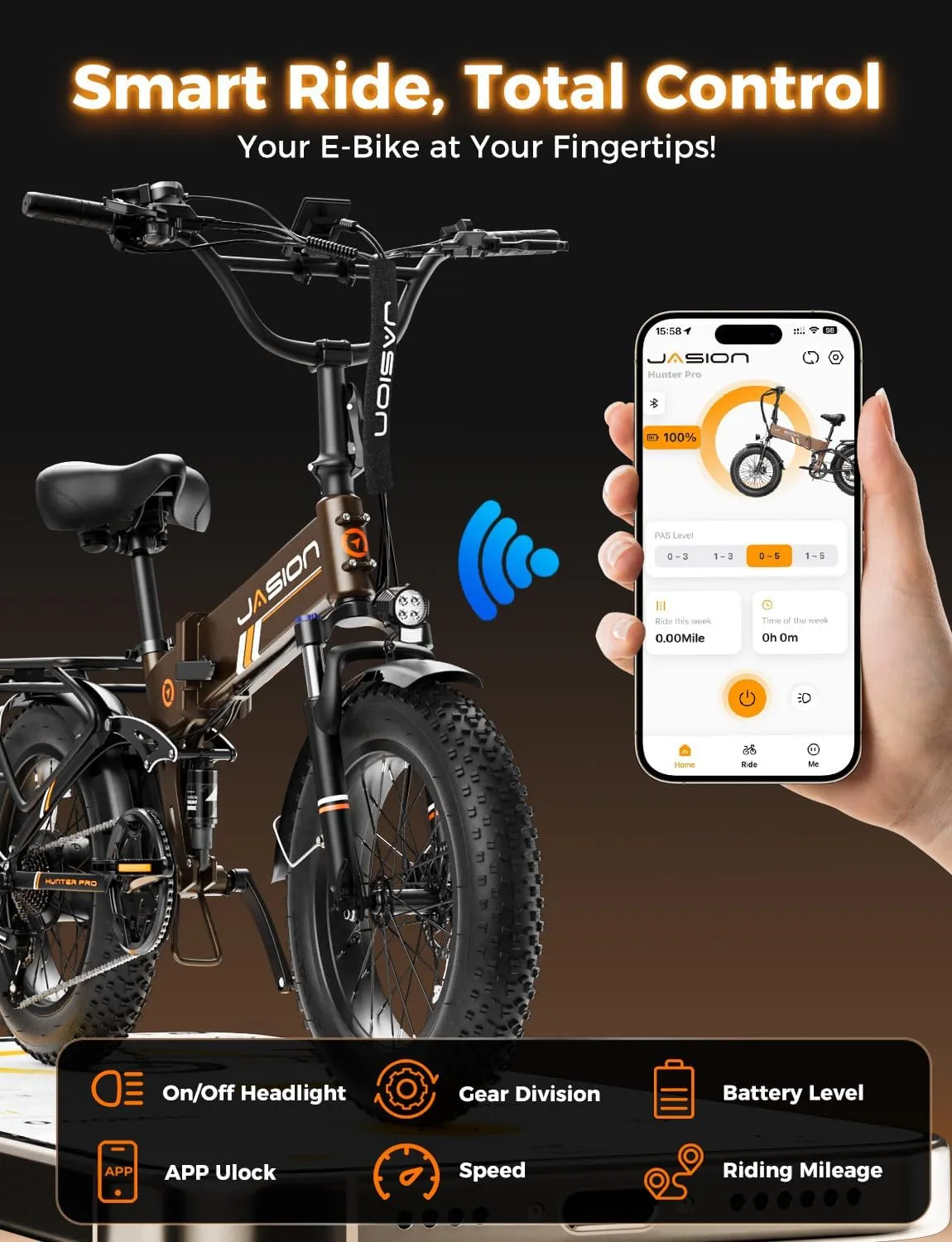 Jasion Hunter Pro Electric Bike for Adults,1800W Peak Motor 80 Miles,up to 28MPH,720WH Removable Battery Foldable Ebike,App Control & Full Suspension,20''*4.0 Fat Tire,Dual Hydraulic Brakes Bicycle