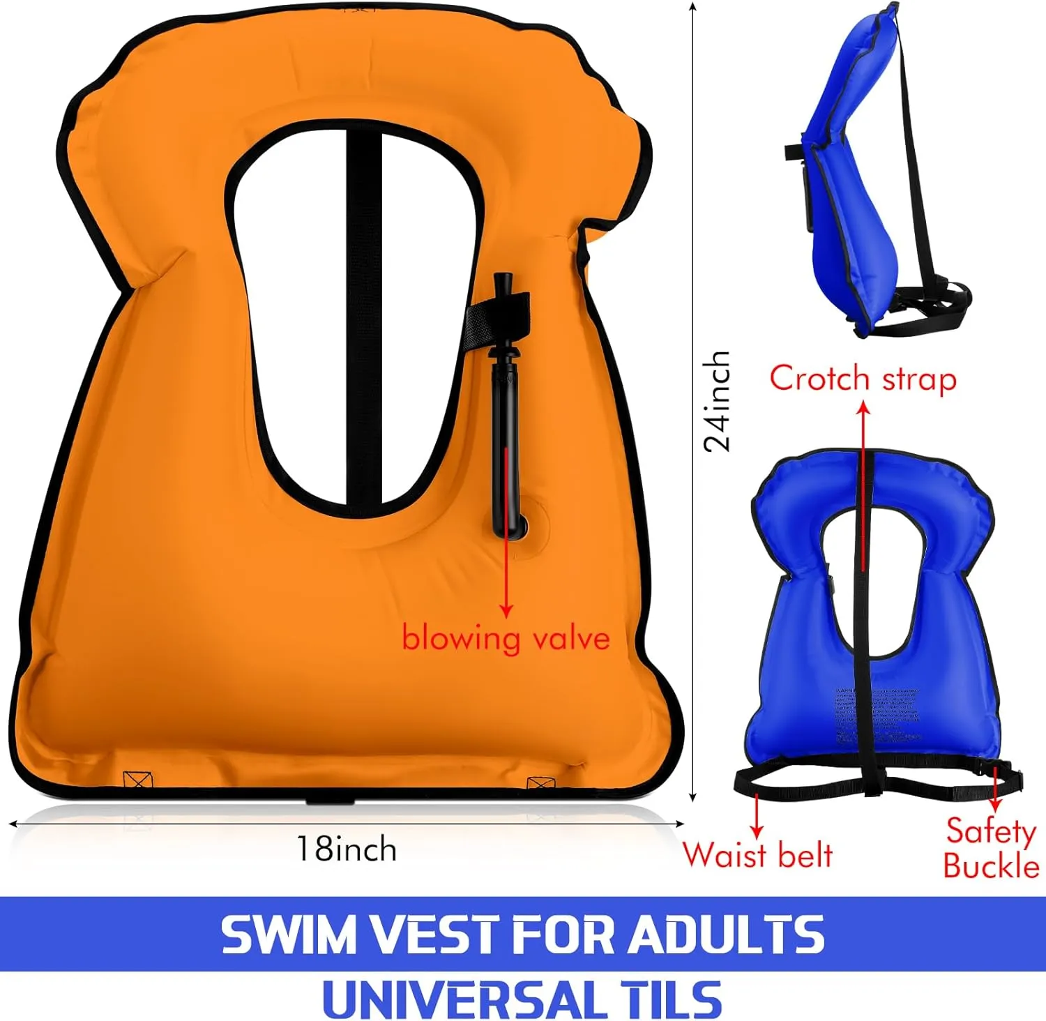 Jerify 4 Pcs Inflatable Snorkel Vest Adults, Portable Swim Vest Jackets, Adjustable Kayaking Jackets Safety Vests for Snorkeling Swimming Diving Surfing