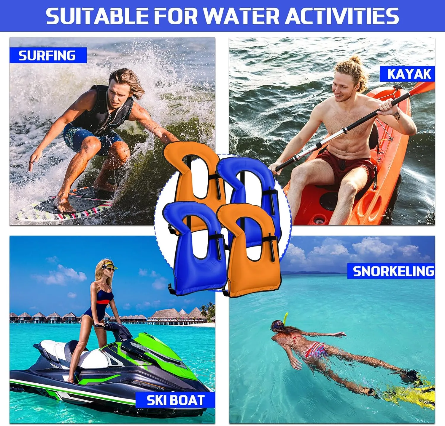 Jerify 4 Pcs Inflatable Snorkel Vest Adults, Portable Swim Vest Jackets, Adjustable Kayaking Jackets Safety Vests for Snorkeling Swimming Diving Surfing