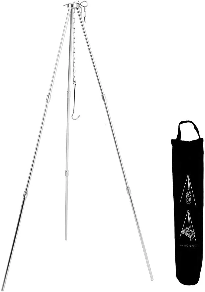 Jerliflyer Portable Outdoor Cooking Tripod with Adjustable Chain, Hanging Pot Grill Stand Cookware Accessory Outdoor Cooking Tripod