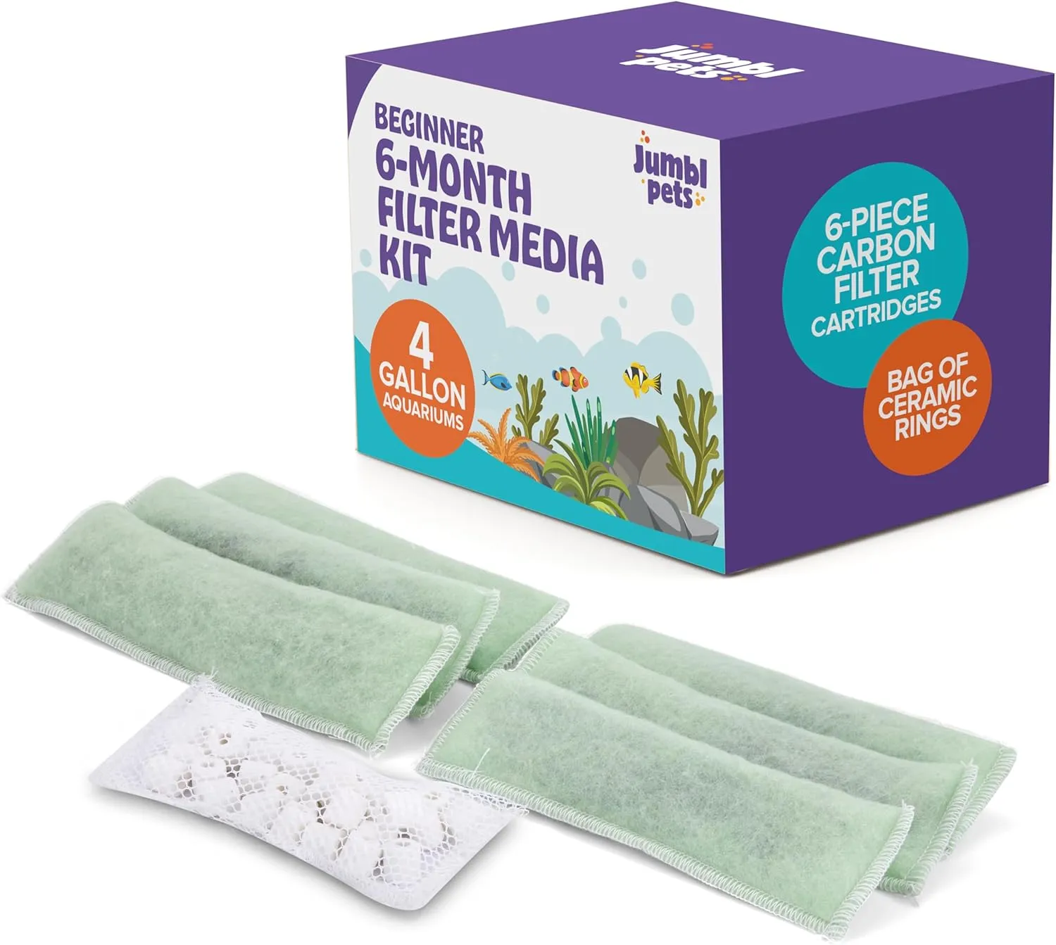 JumblPets Beginner 6-Month Filter Supply Set Including a Bag of Ceramic Rings and 6-Piece Carbon Filter Cartridges for 4-Gallon Aquariums
