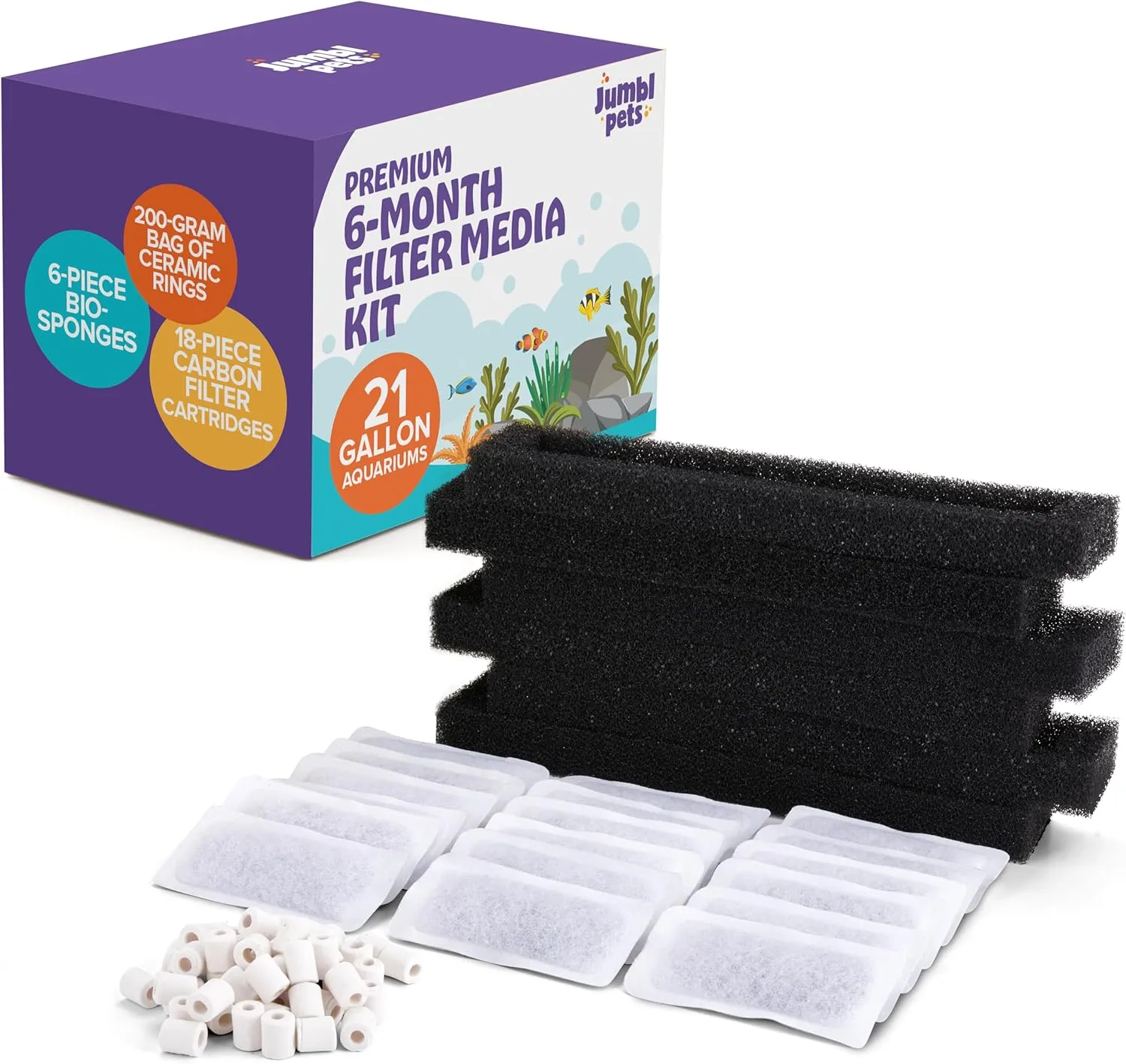 JumblPets Premium 6-Month Filter Media Kit Including 6-Piece Bio-sponges, 200-Gram Bag of Ceramic Rings, and 18-Piece Carbon Filter Cartridges for 21-Gallon Aquariums