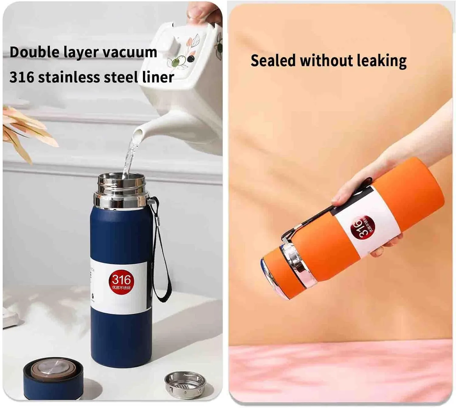 JUSHZ Sports Mens Water Bottle Water Bottles Leakproof Stainless Steel Adult for Women Girls Keep Water Cold with Filter Thermos Flask Insulated Vacuum Stainless Steel High Capacity (800ML,Black)