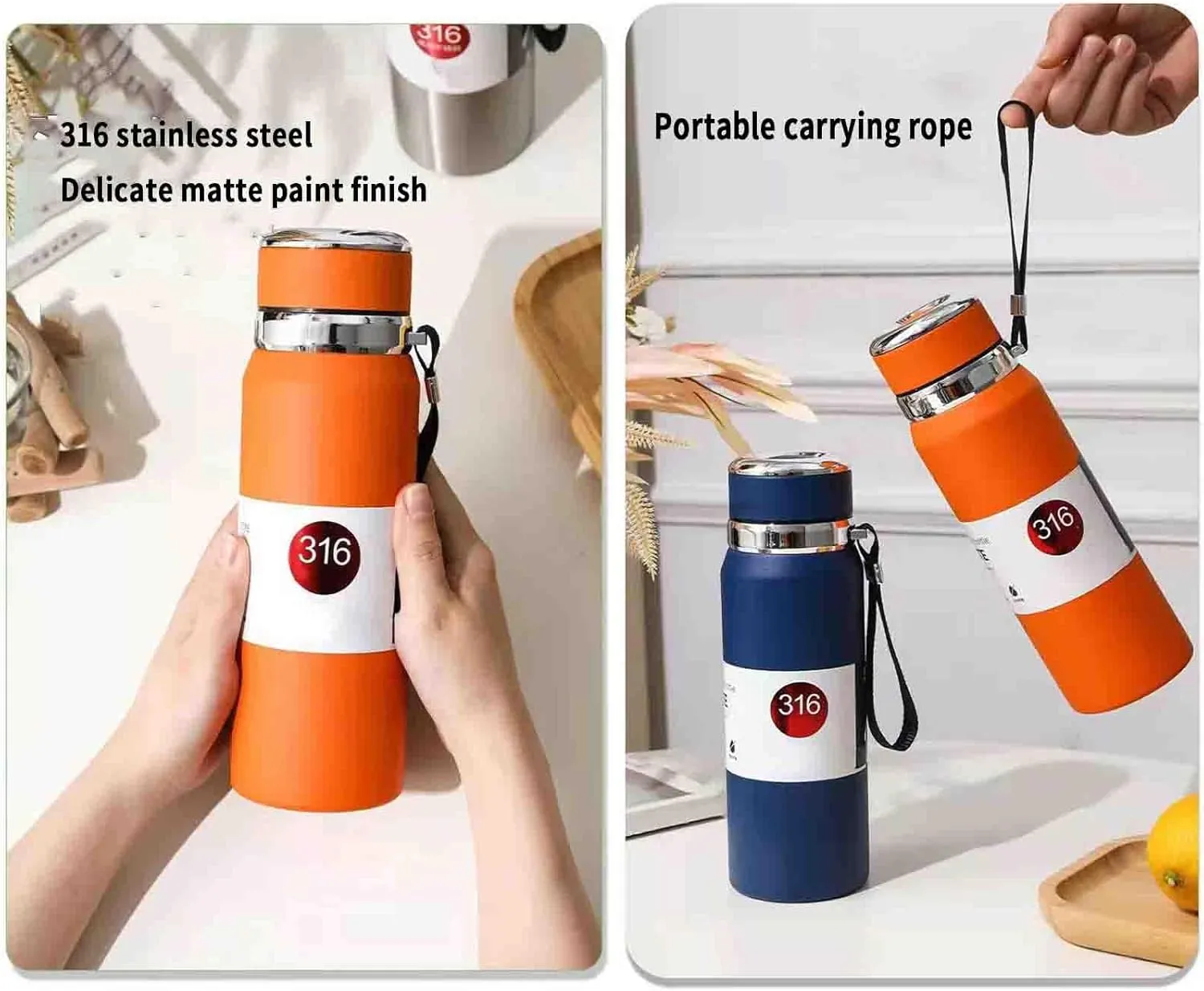 JUSHZ Sports Mens Water Bottle Water Bottles Leakproof Stainless Steel Adult for Women Girls Keep Water Cold with Filter Thermos Flask Insulated Vacuum Stainless Steel High Capacity (800ML,Black)