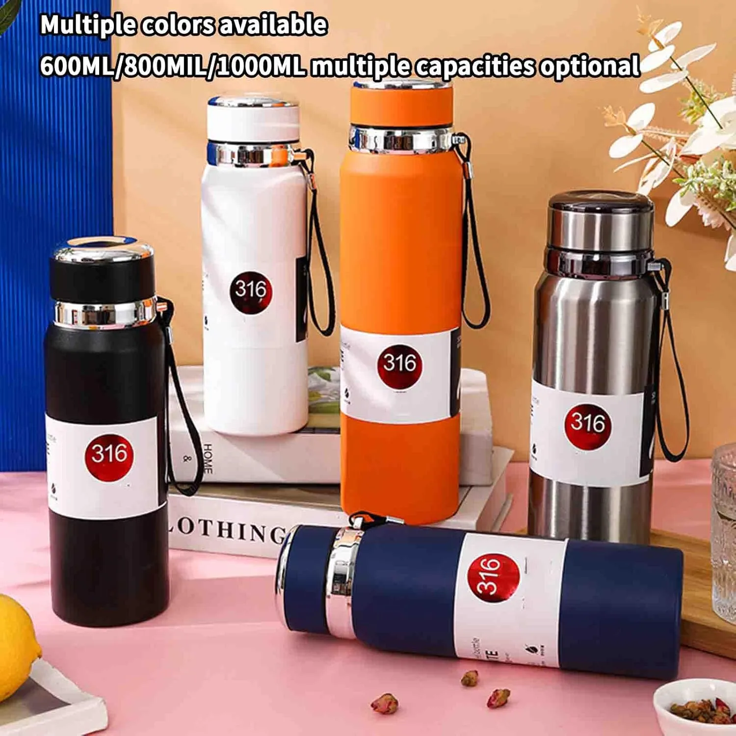 JUSHZ Sports Mens Water Bottle Water Bottles Leakproof Stainless Steel Adult for Women Girls Keep Water Cold with Filter Thermos Flask Insulated Vacuum Stainless Steel High Capacity (800ML,Black)