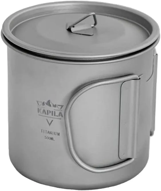 KAPILA 500ml Titanium Cup/Pot Lightweight Backpacking Camping Mug Foldable Handle Titanium Pot with Lid Camping Hiking Picnic Open Fire Cooking (500ML)