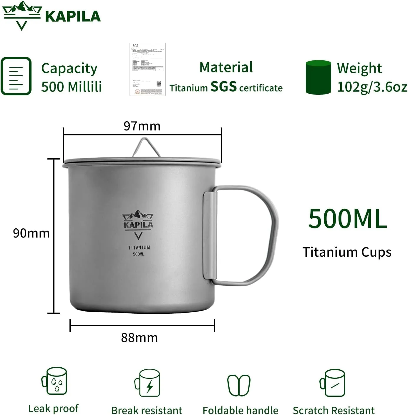 KAPILA 500ml Titanium Cup/Pot Lightweight Backpacking Camping Mug Foldable Handle Titanium Pot with Lid Camping Hiking Picnic Open Fire Cooking (500ML)