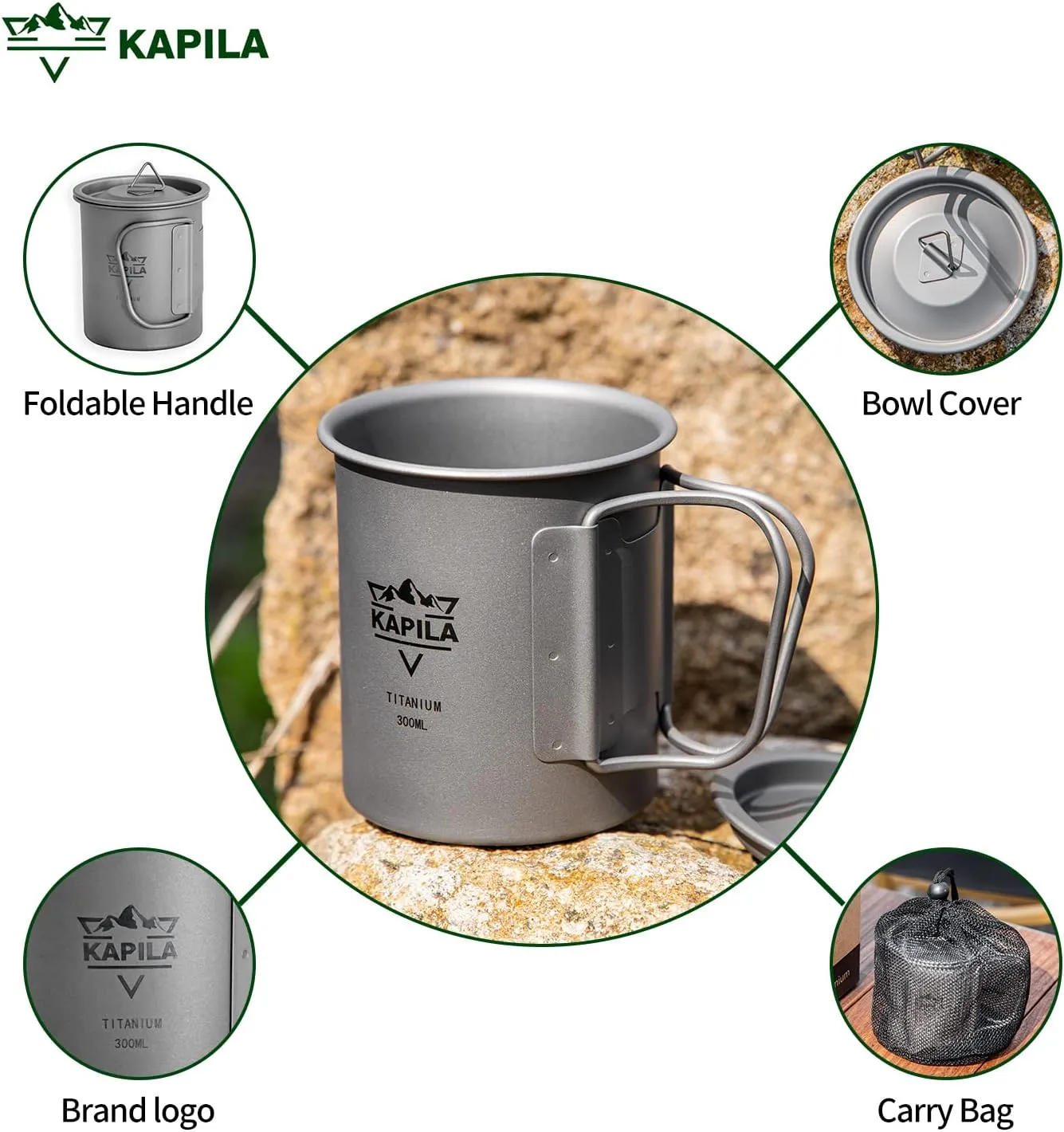 KAPILA 750ml Titanium Cup/Pot Lightweight Backpacking Camping Mug Foldable Handle Titanium Pot with Lid Camping Hiking Picnic Open Fire Cooking (750ML)