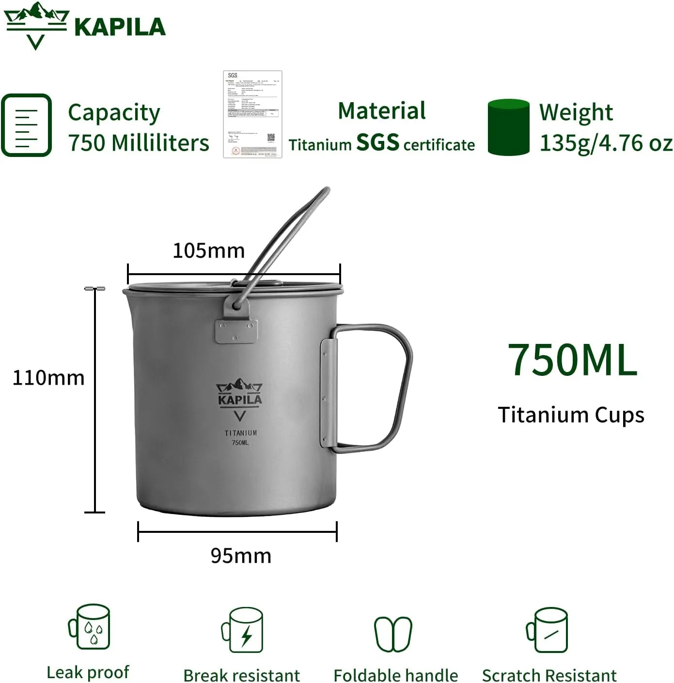 KAPILA 750ml Titanium Cup/Pot Lightweight Backpacking Camping Mug Foldable Handle Titanium Pot with Lid Camping Hiking Picnic Open Fire Cooking (750ML)