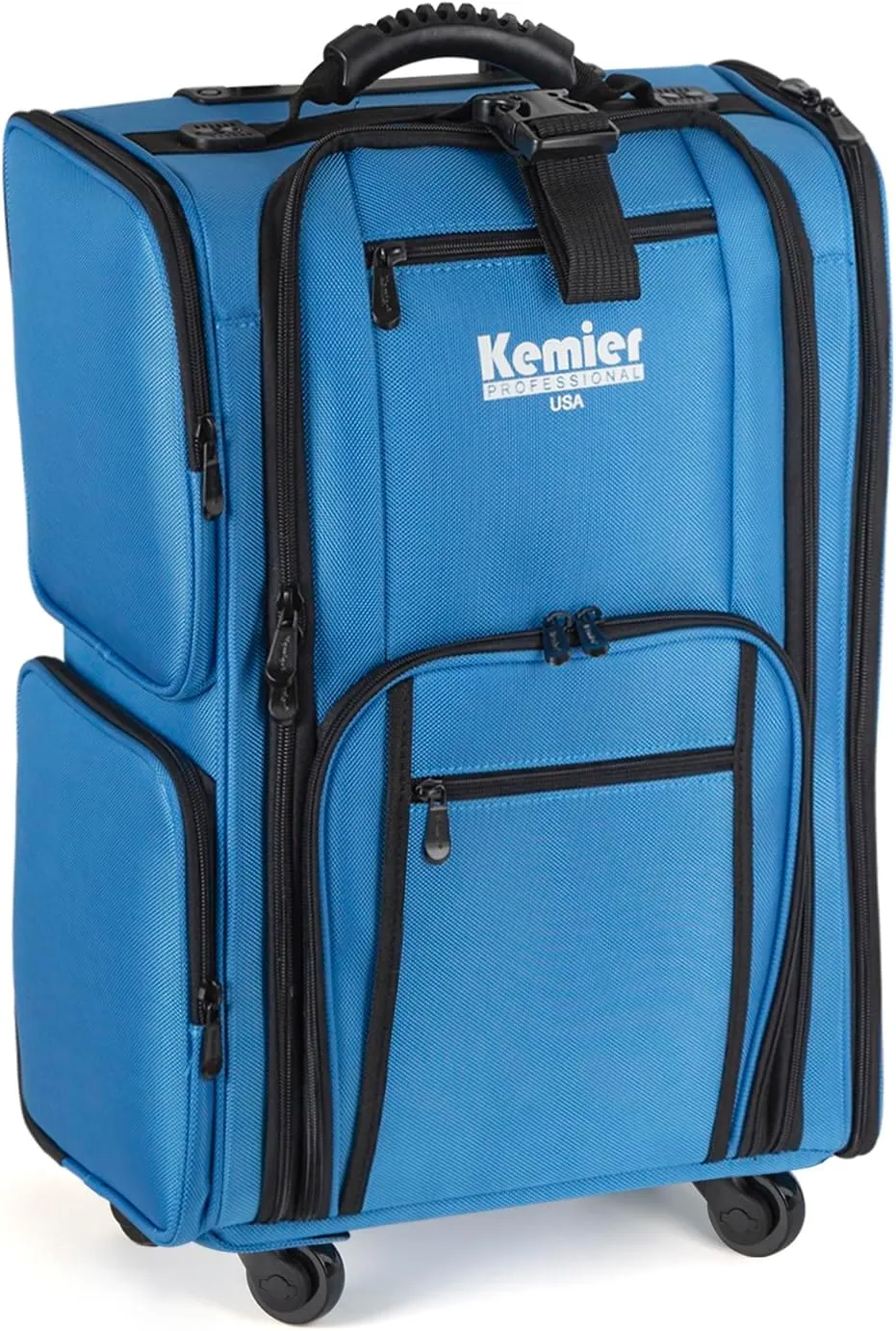Kemier Rolling Makeup Train Case - Professional Makeup Travel Case Portable Artist Cosmetic Trolley Soft Side Nylon Large Capacity Organizer Storage bag with Wheels Blue