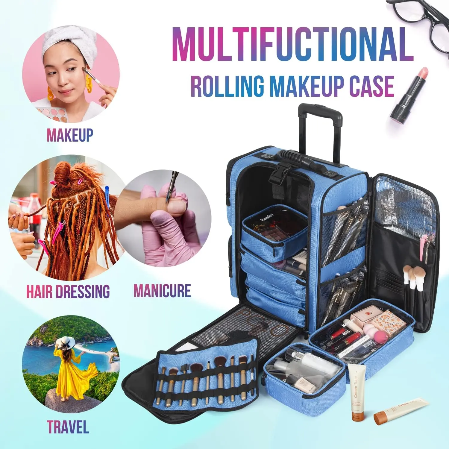 Kemier Rolling Makeup Train Case - Professional Makeup Travel Case Portable Artist Cosmetic Trolley Soft Side Nylon Large Capacity Organizer Storage bag with Wheels Blue
