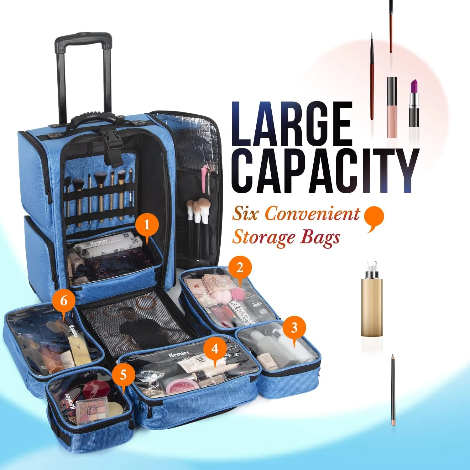 Kemier Rolling Makeup Train Case - Professional Makeup Travel Case Portable Artist Cosmetic Trolley Soft Side Nylon Large Capacity Organizer Storage bag with Wheels Blue