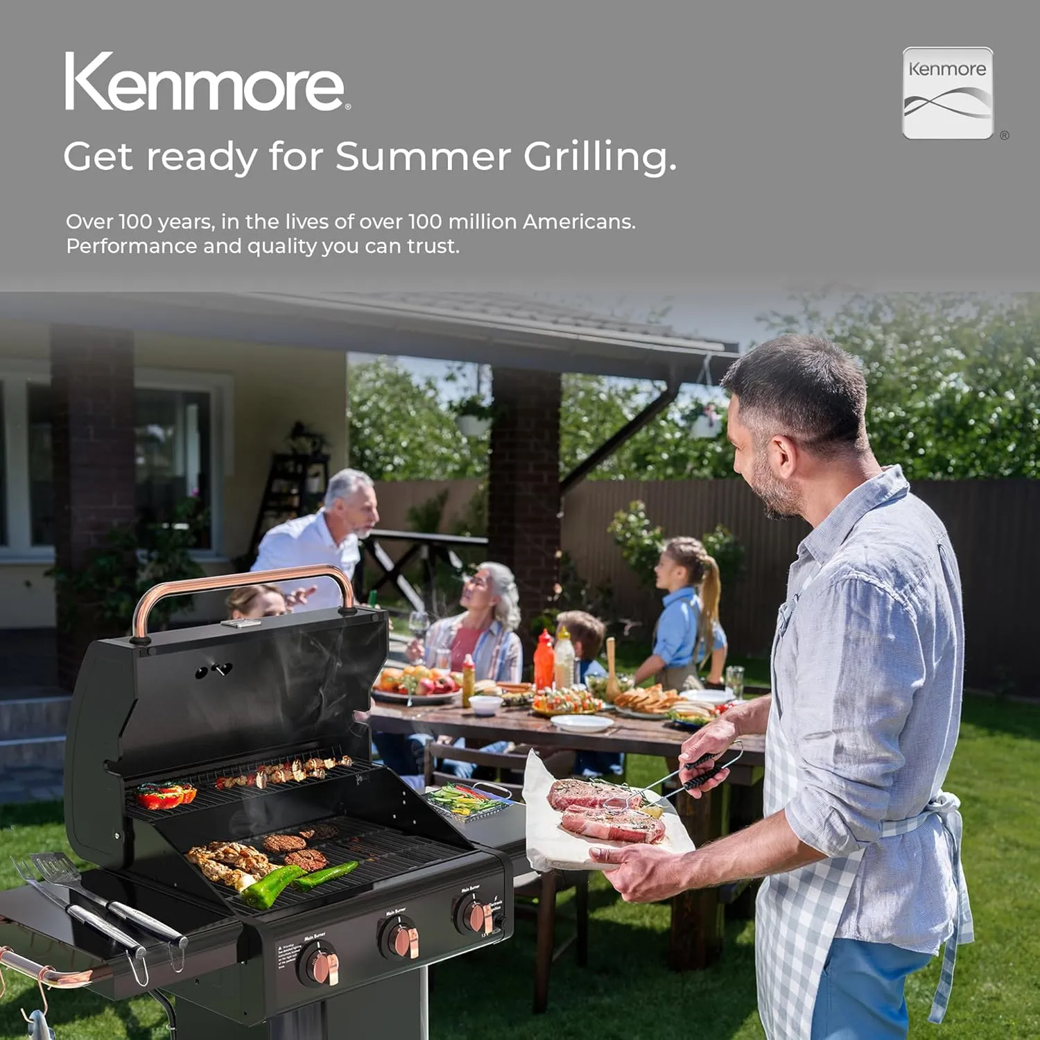 Kenmore 3-Burner Gas Grill | Foldable Side Tables, Cast Iron Cooking Grates, Warming Rack, Hooks for BBQ Grilling Tools, Propane Gas Barbecue Grill, 30,000 BTUs, Black with Copper Accent