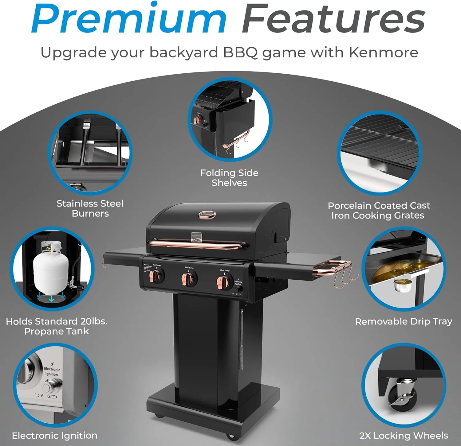 Kenmore 3-Burner Gas Grill | Foldable Side Tables, Cast Iron Cooking Grates, Warming Rack, Hooks for BBQ Grilling Tools, Propane Gas Barbecue Grill, 30,000 BTUs, Black with Copper Accent
