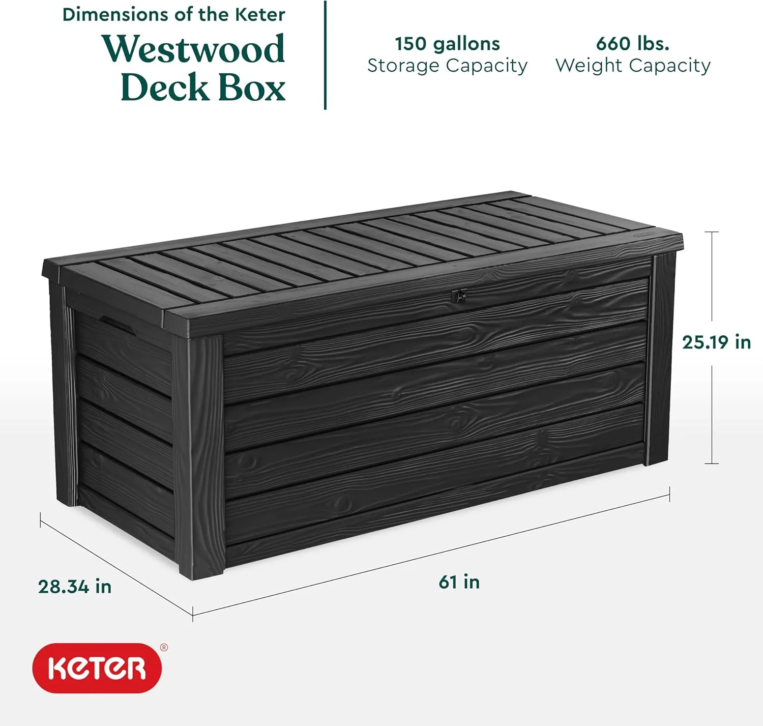 Keter Outdoor Storage Deck Box, 150 Gallon Resin Patio Bin & Bench, Solid, Dark Grey