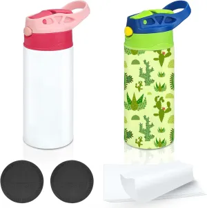 Kids Sublimation Tumbler,12oz Sublimation Water Bottle Blanks,Straight Stainless Steel Todder Sippy Cup,2PACK Double Wall Insulated Sippy Tumbler with Handle,Shrink Films,Leak Proof