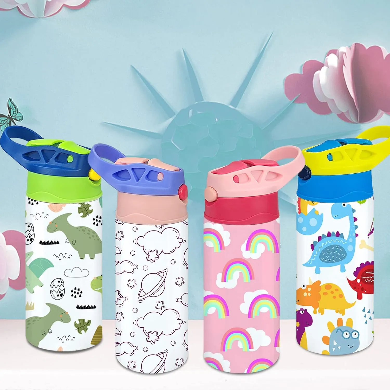 Kids Sublimation Tumbler,8 PACK 12oz Stainless Steel Sublimation Sippy Cup,Double Wall Insulated Kids Tumbler with Handle,Spill Proof lid,Shrink Films,Silicone Bottoms,for Water,Drinks